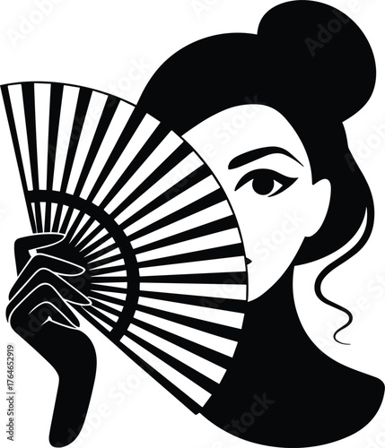Black and white graphic of woman holding fan covering face vector