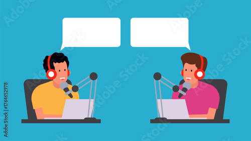 This illustration of two podcasters discussing via microphone and laptop depicts the interactive and collaborative broadcast atmosphere in the digital world.