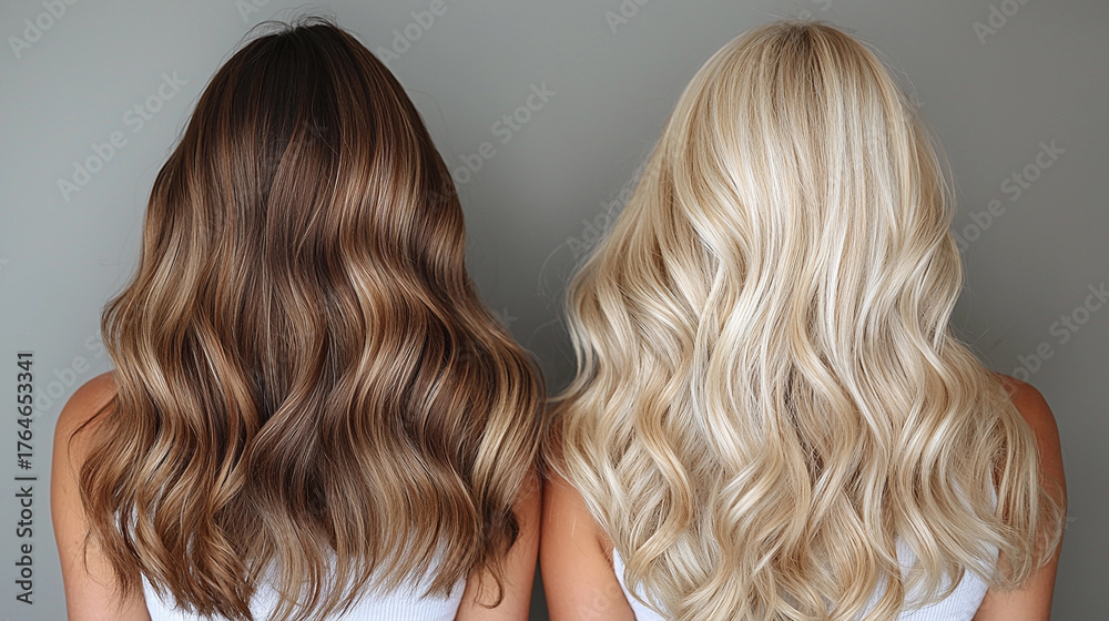 Fototapeta premium Brunette and blonde wavy hair comparison in studio setting Generative AI