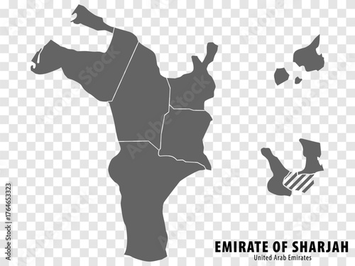 Blank map Emirate of Sharjah of UAE. High quality map Emirate of Sharjah with districts on transparent background for your web site design, logo, app, UI.  United Arab Emirates.  EPS10