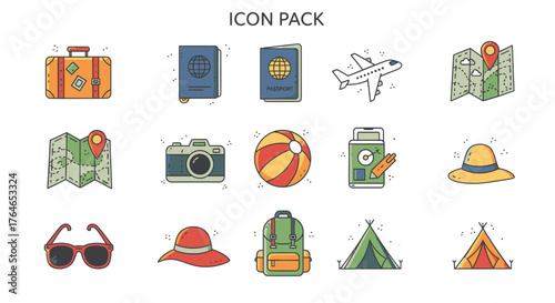 Plan your perfect getaway with this travel icon pack featuring luggage, passport, plane, map, and other essentials for a memorable vacation adventure