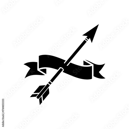 Arrow piercing through ribbon in a black silhouette design  
