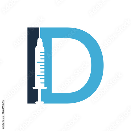 Letter D combined with syringe icon symbolizing medical injection, vaccination, and healthcare service.