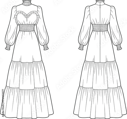 CAD drawing flat vector illustration of long sleeve maxi dress with shirred waist, ruffle cuffs, high neck fashion design