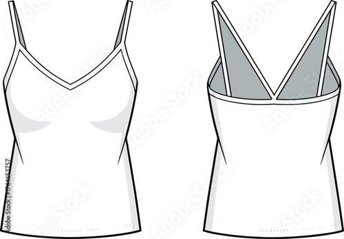 CAD drawing flat vector illustration of women camisole top front and back view with deep V back fashion design