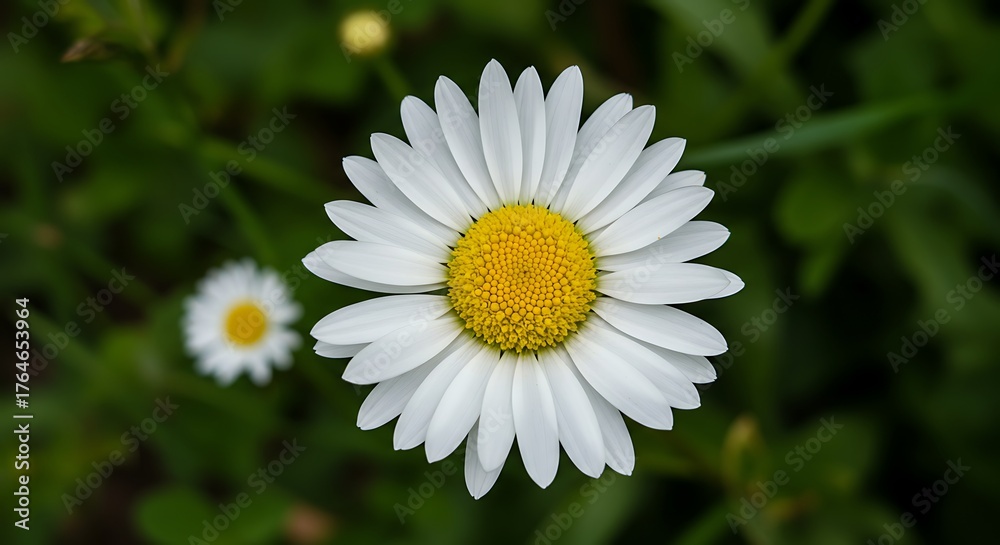 Fototapeta premium A close-up shot of a white daisy with a yellow center set against a blurred green backdrop