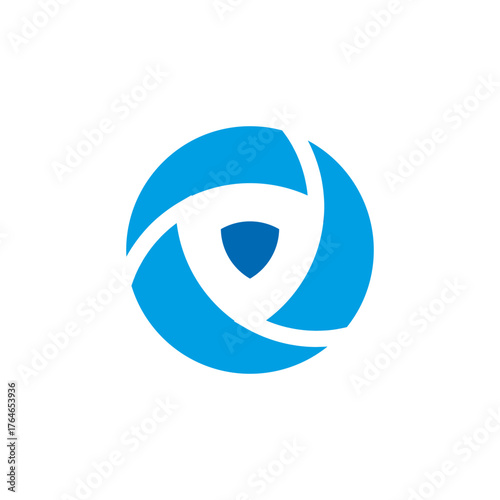 Circular eye shield in blue tones representing security, vision, and protective technology identity.