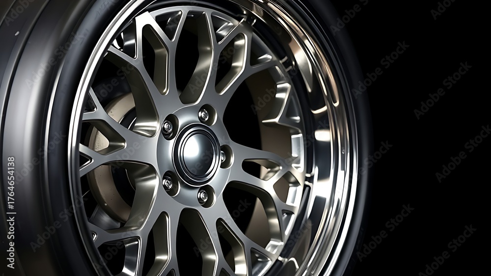 Obraz premium Shiny metallic wheel rim with intricate geometric design, reflecting studio lighting.