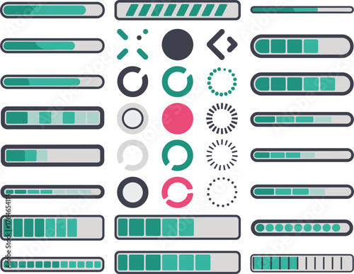 Collection of progress bars and loading indicators in teal and gray loading bar progress indicator