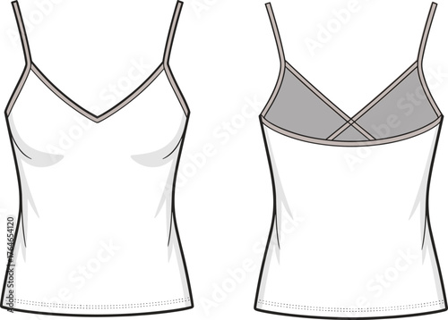 CAD drawing flat vector illustration of women camisole top front and back view with cross back straps fashion design