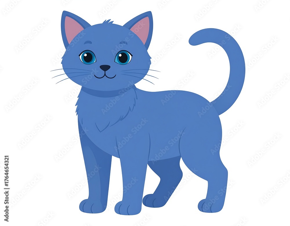 Fototapeta premium A cheerful cartoon depiction of a light-blue feline with large eyes and a curled tail, standing