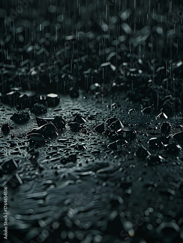 Close-up macro shot of heavy rain falling onto a dark surface with sharp black glass shards or wet obsidian fragments, pooling water, monochromatic dark gray and black, moody abd dramatic 