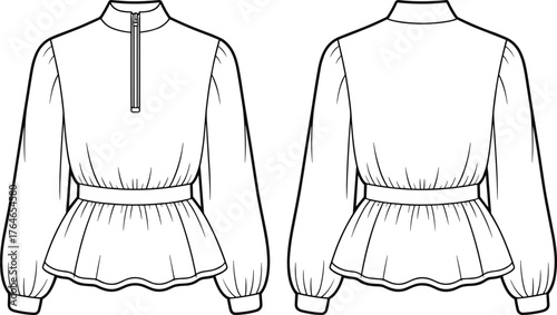 Women's blouse flat sketch, long sleeve peplum top CAD drawing, fashion technical illustration, garment design vector template for apparel designers