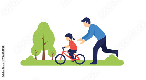 Father Teaching Daughter To Ride Bicycle Safely In Park With Trees And Bushes