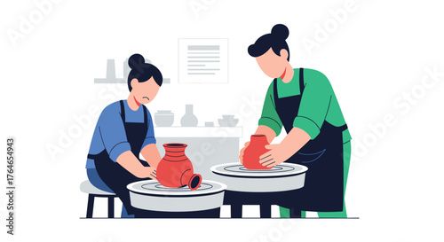 Two People Enjoying Pottery Making Class Creating Beautiful Clay Vases