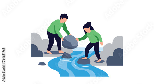 Two people help each other cross a stream by placing stones for stepping stones