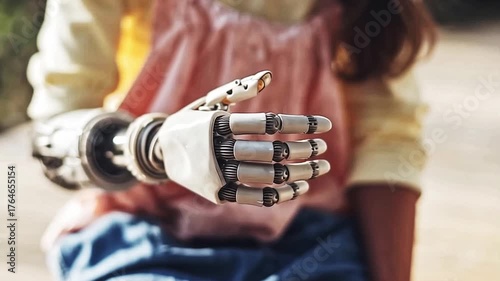 Girl with one real hand and one prosthesis, close-up of hands. Focus on hands of girl with disability. Two hands of woman with bionic hand, artificial limb prosthesis. Loss of limb by a person