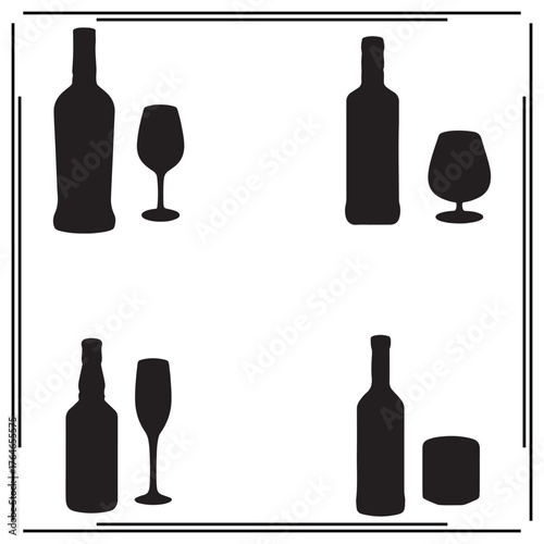 Bottle and Glass Silhouettes - Set of Four Black and White Drink Icons, Including Wine Glass, Cocktail Glass, Whiskey Bottle, and Beer Bottle Illustrations