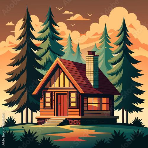cabin, forest, pine, house, nature, landscape, illustration, sunset, warm, cozy, wood, mountain, lodge, trees, outdoors, adventure, travel, rustic, wilderness, scenic, camp, cottage, design, architect