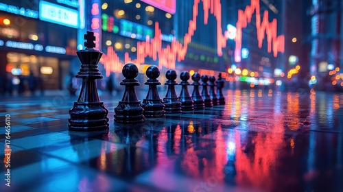 Wallpaper Mural Chess pieces on a wet city street, stock market graphs in background Torontodigital.ca