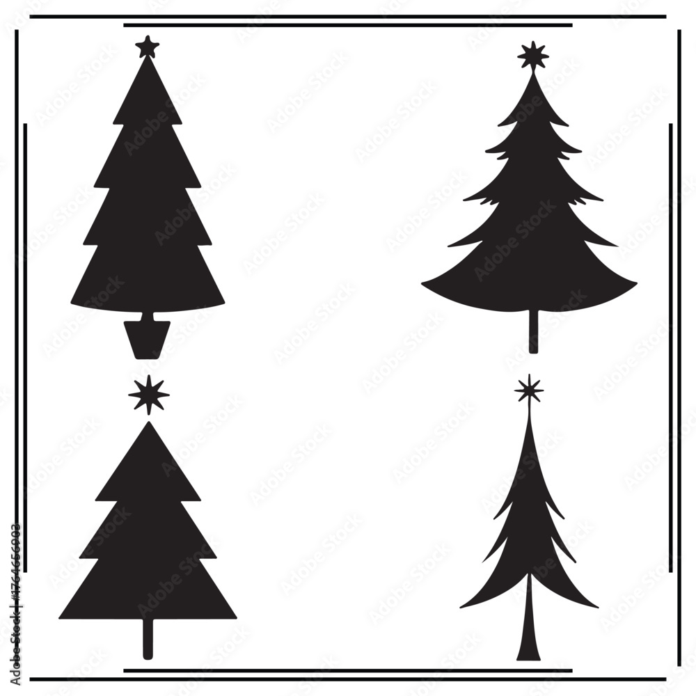 Obraz premium Set of Four Christmas Tree Silhouettes - Black and White Pine Trees with Star Toppers, Minimalist Holiday Icons for Winter and Festive Season Designs