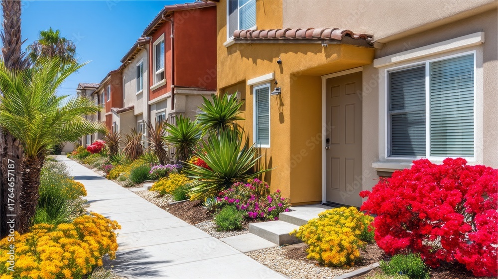 Obraz premium Colorful flowers and lush greenery line the pathways of a modern garden community, showcasing inviting homes. Bright blooms capture the essence of outdoor living under a clear blue sky