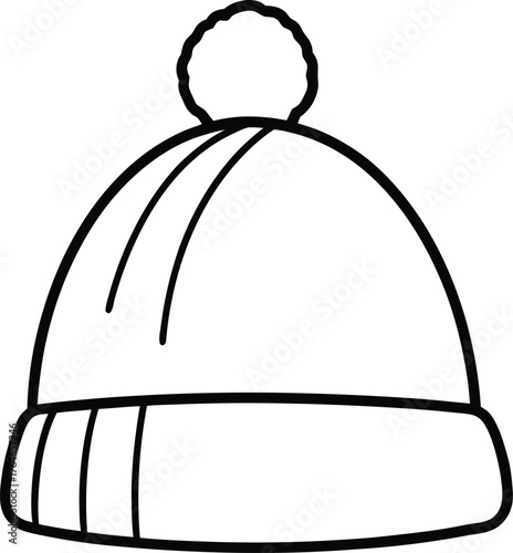 Black line art of a knitted winter hat with a pompom