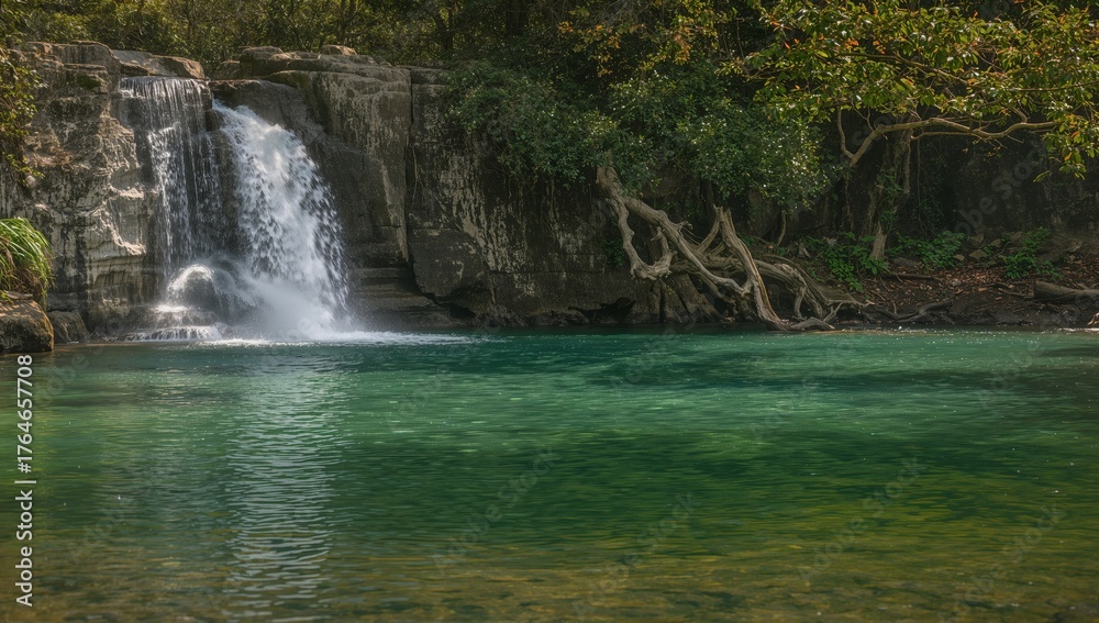 Fototapeta premium Cascade And Turquoise Pool, Water Textures Reflecting Light, Foliage And Natural Rock Formations.