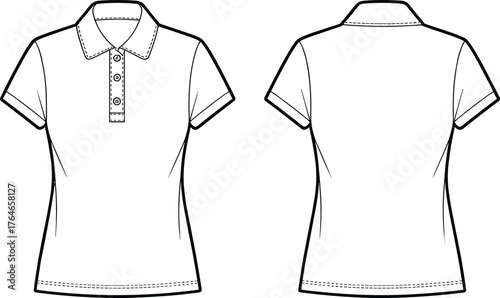CAD drawing flat vector illustration of women polo shirt with short sleeves, collar, and button placket fashion design template