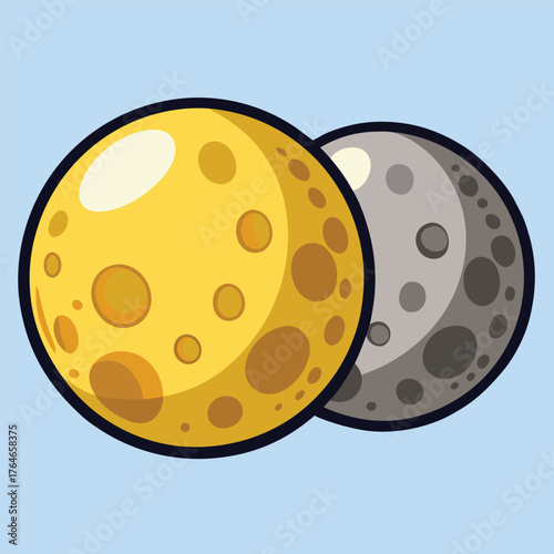 Yellow and gray cartoon moons with craters yellow moon