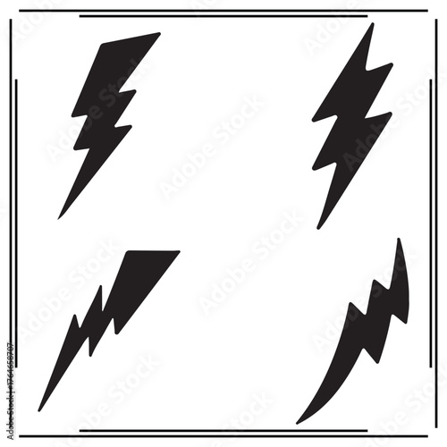 Set of Four Black Lightning Bolt Icons - Electric Flash, Power Symbol, Thunderbolt Silhouettes on White Background
