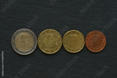 Close-up shot of Belgian  5, 20, 50  cent coins and 2 euro depicting King Albert 2 on a dark background