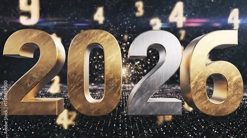 Dynamic golden and silver 2026 new year video celebration with energetic light effects