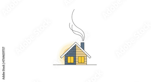 Cozy cabin with smoke rising from chimney in minimalist style  