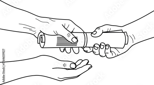 Close up of two hands exchanging a small object possibly a gift or a transaction in a simple line drawing