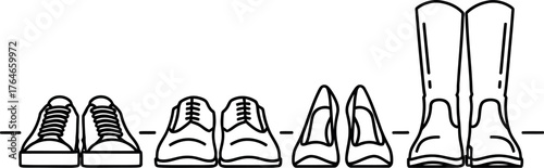 Collection of various footwear styles for men women and children displayed in a line on a white background