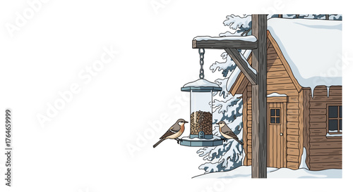 Birds feeding on bird feeder near snowy cabin in winter scene  