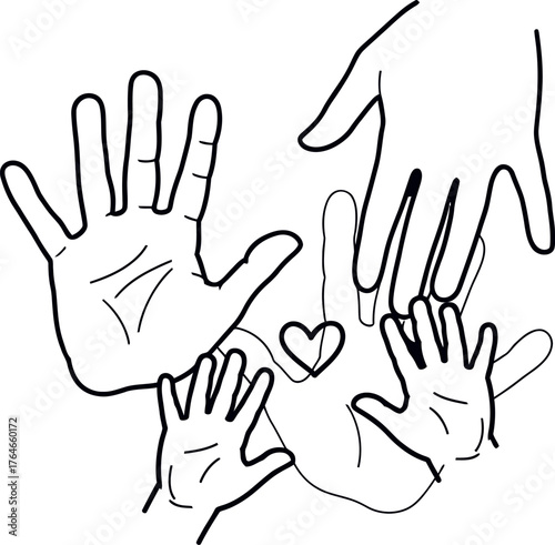 Diverse family hands of different sizes reaching together with a small heart symbol in the center