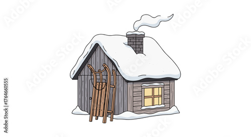 Winter cabin with snowy roof and wooden skis outside  
