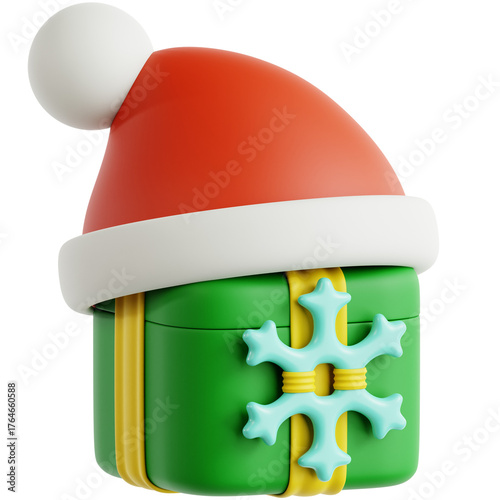 Gift Box with Santa's Hat and Snowflake 3D Icon