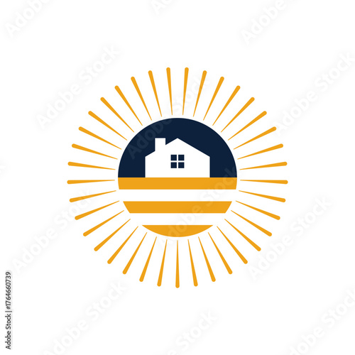 House inside circular sunburst symbolizing bright future, real estate, and home development.