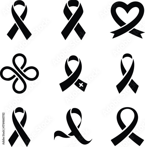 Collection of diverse awareness ribbon symbols in black and white