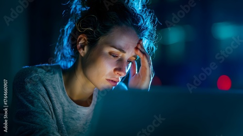 Woman experiencing mental fatigue while working on a device late at night