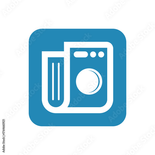 Laundry and washing machine icon in blue square symbolizing cleaning service and home appliance industry.