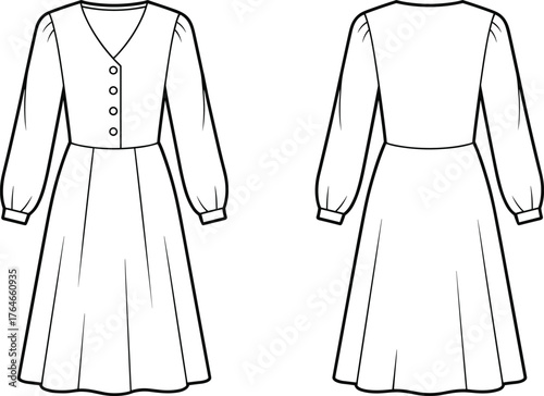 Long sleeve dress technical sketch, front and back view, V-neckline, button front, flared skirt, puff sleeves, garment illustration