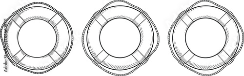 Life preserver, lifebuoy, safety ring, nautical rescue equipment, maritime emergency gear, black and white illustration, rope detail, ocean safety symbol