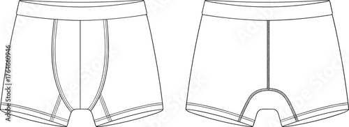 Men’s boxer briefs technical drawing, front view underwear sketch, fashion flat design, garment construction, seam detail, apparel template illustration