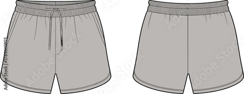 Men’s shorts technical drawing, front and back view, fashion flat sketch, elastic waistband, drawstring detail, garment design template illustration