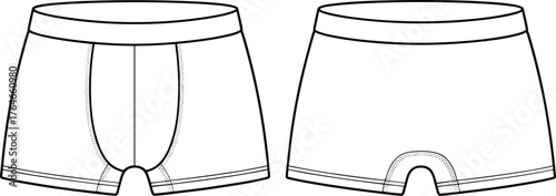 Men's boxer briefs technical drawing, front and back view, fashion flat sketch, underwear design template, garment construction illustration