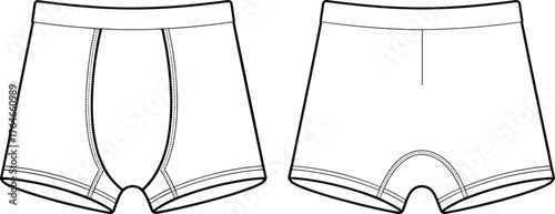 Men's boxer briefs technical sketch, front and back view, fashion flat drawing, underwear design template, garment construction, contour seam illustration